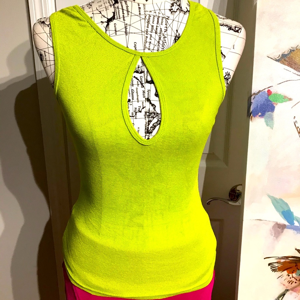 Michael Stars Key Hole Lime Neon Fitted ribbed cami tee tank top y2k vibrant OS